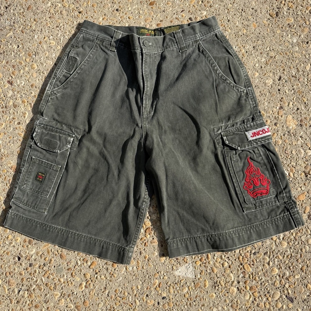 JNCO Jeans Cargo Shorts Mens 33 Olive Green Y2K Skate Utility Embroidered Logo